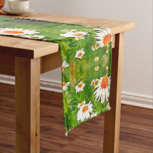 Artistic Bright Colourful White Garden Daisies v4b Short Table Runner