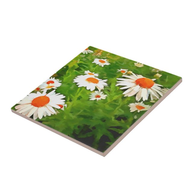 Artistic Bright Colourful White Garden Daisies v4b Tile (Side)