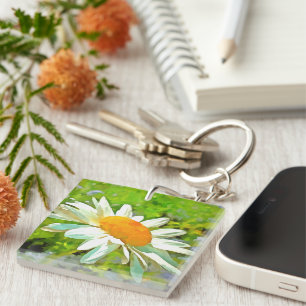 Artistic Bright Colourful White Garden Daisies v6 Keychain