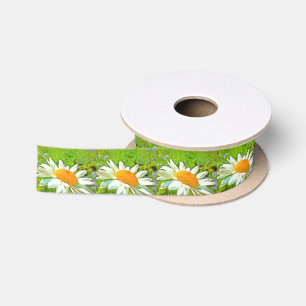 Artistic Bright Colourful White Garden Daisies v6 Satin Ribbon