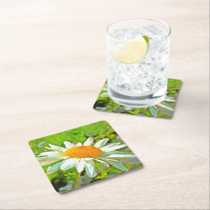 Artistic Bright Colourful White Garden Daisies v6 Square Paper Coaster