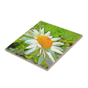 Artistic Bright Colourful White Garden Daisies v6 Tile