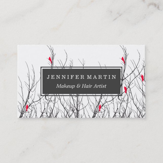 Artistic Bright Red Birds on Tree Branches Business Card (Front)