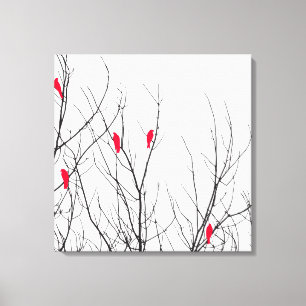 Artistic Bright Red Birds on Tree Branches Canvas Print