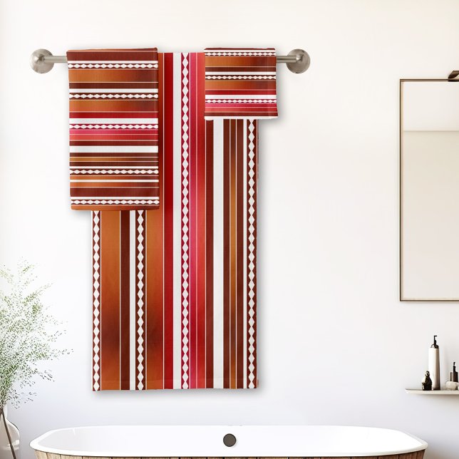 Artistic Brown Red Striped Bath Towel Set (Bathroom towel set with an abstract artistic stripe pattern in a variety of reds + browns with white)