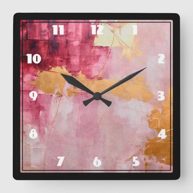 Artistic Brush Strokes Gold and Pink Square Wall Clock (Front)