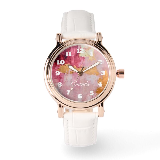 Artistic Brush Strokes Gold and Pink Watch (Front)