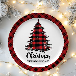 Artistic Buffalo Plaid Tree Name Christmas Paper  Plate