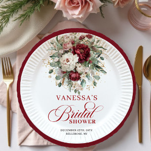 Artistic Burgundy Floral Bridal Shower Paper Plate