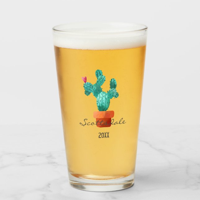 Artistic Cactus Green Pink Heart Custom Text Grey Glass (Front Filled)
