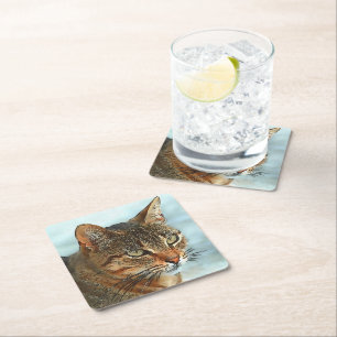 Artistic Cartoon Style Tabby Cat RB Square Paper Coaster