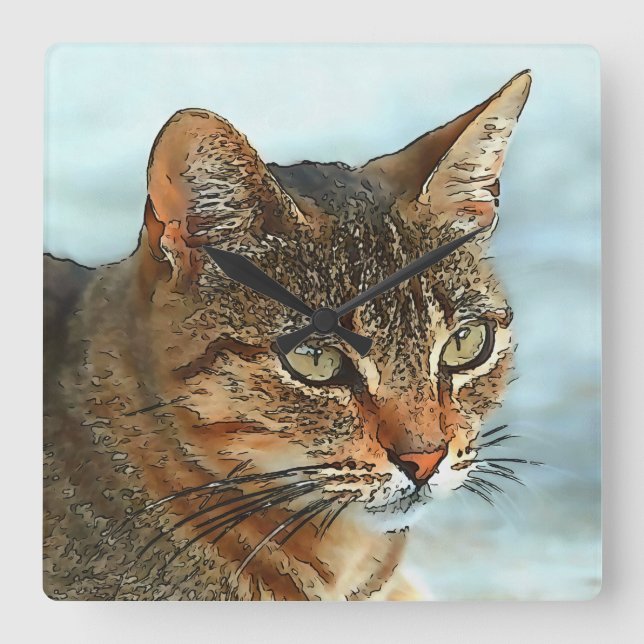 Artistic Cartoon Style Tabby Cat RB Square Wall Clock (Front)