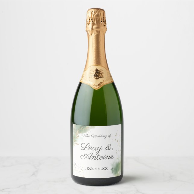 Artistic Chic Moss Green Gold Wedding Sparkling Wine Label (Front)