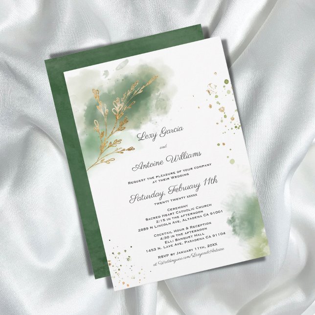Artistic Chic Moss Green Watercolor Gold Wedding Invitation (Creator Uploaded)