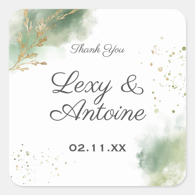 Artistic Chic Moss Green Watercolor Gold Wedding Square Sticker (Front)