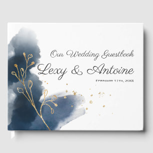 Artistic Chic Navy Blue Splashes Gold Dust Wedding Guest Book