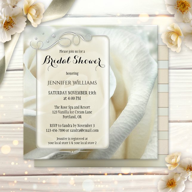 Artistic Chic Silver Rose Floral Bridal Shower Invitation (Bridal shower invitation featuring silver floral swirls and tiny pearls on a romantic ivory rose )