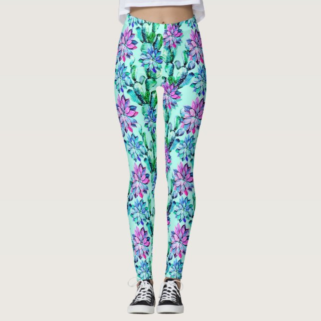 Artistic Chic Stylish Modern Cactus Pattern Leggings (Front)