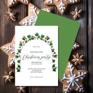 Artistic Christmas Green Red Wreath Watercolor Invitation