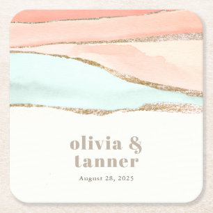 Artistic Coastal Watercolor Abstract Wedding Square Paper Coaster