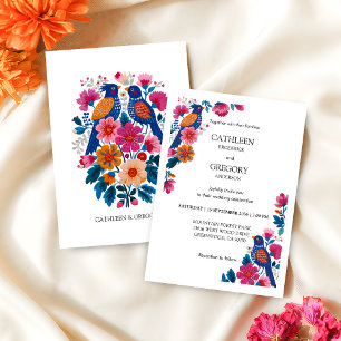 Artistic Colorful Folk Birds and Flowers Wedding Invitation