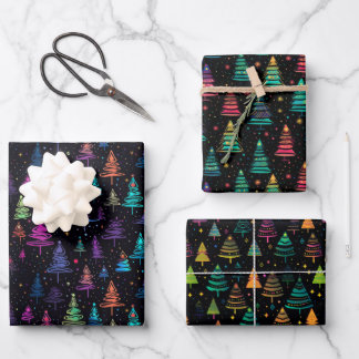 Artistic Colorful Modern Christmas Trees Wrapping Paper Sheet