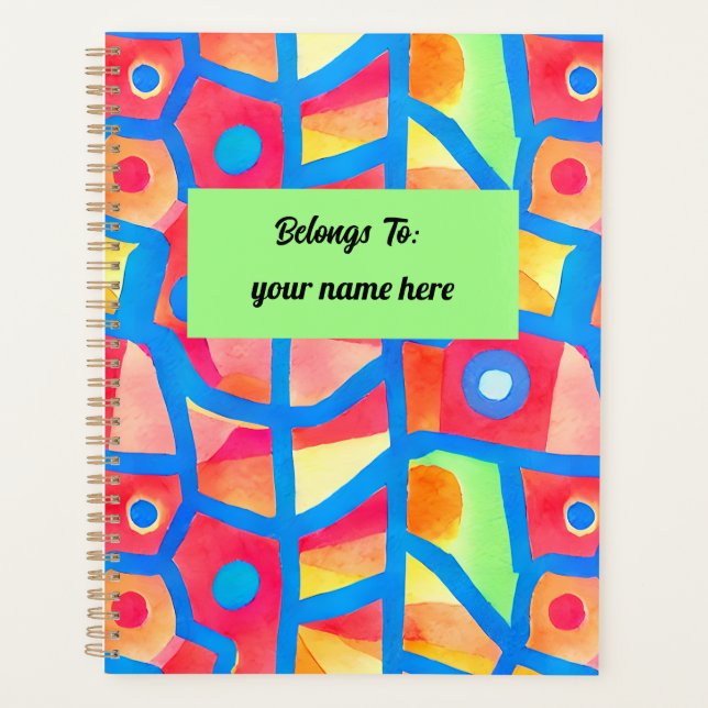 Artistic colourful abstract geometric personalized planner (Front)