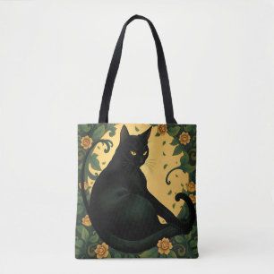 Artistic Colourful Art Nouveau Black Cat Pattern Tote Bag