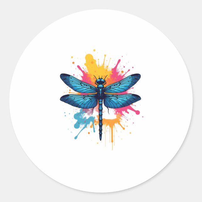 Artistic Colourful Pop Art painted Dragonfly Classic Round Sticker (Front)
