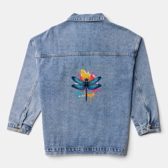 Artistic Colourful Pop Art painted Dragonfly Denim Jacket (Back)
