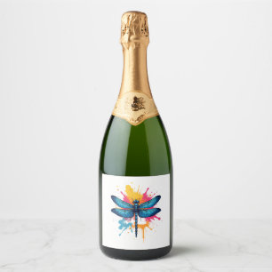 Artistic Colourful Pop Art painted Dragonfly Sparkling Wine Label