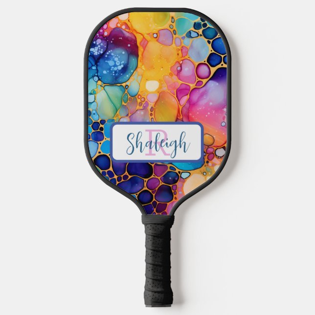 Artistic, Colourful, Rainbow Alcohol and Ink  Pickleball Paddle (Front)