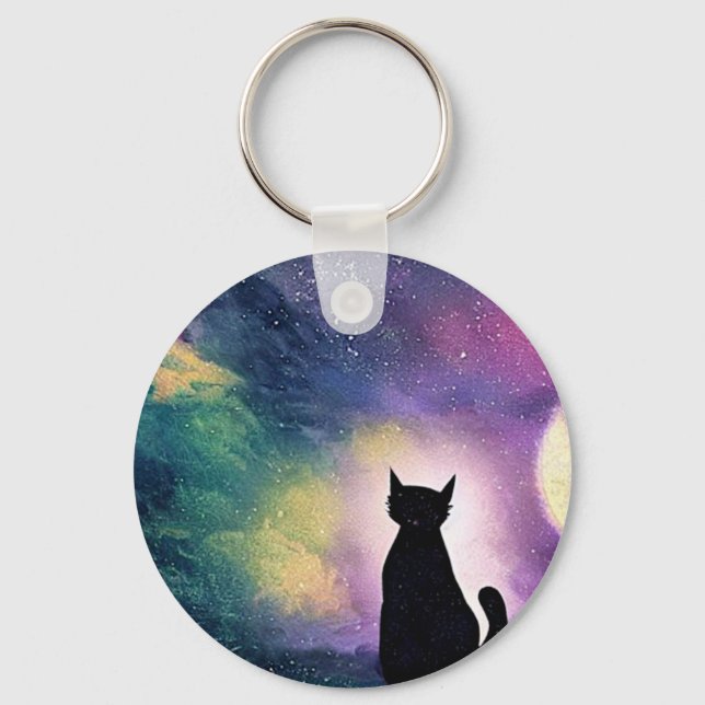 Artistic Cute Cat Moon and Galaxy Stars Purple  Keychain (Front)