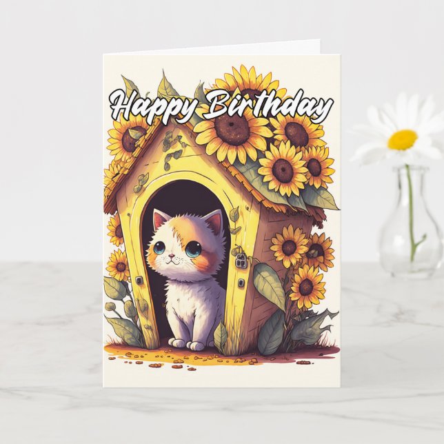 Artistic Daydreaming Kitty Cat Design Card (Small Plant)