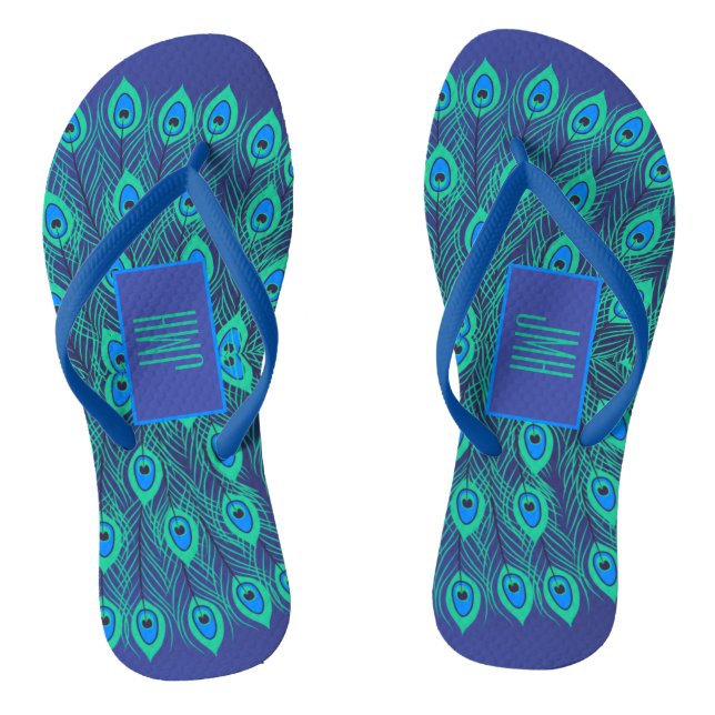 ARTISTIC DECO BLUE TEAL PEACOCK FEATHER & MONOGRAM FLIP FLOPS (Footbed)