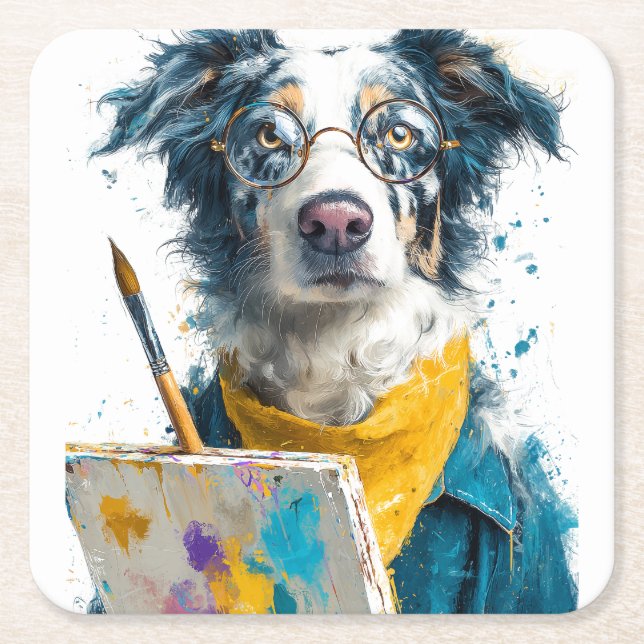 Artistic Dog Painter Portrait Square Paper Coaster (Front)