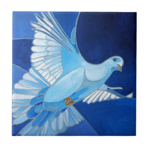Artistic Dove Outline Art In Cerulean Blue Tile