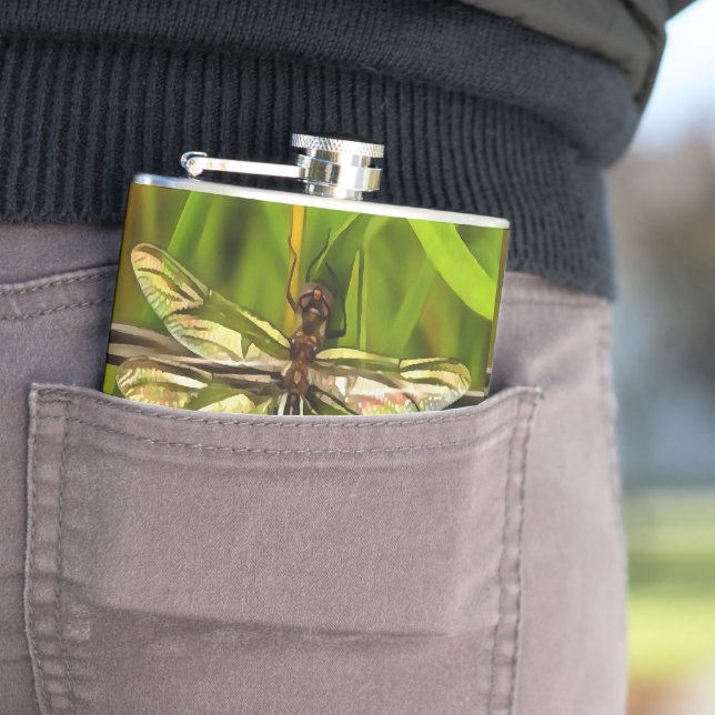 Artistic Dragonfly In Brown And Yellow On Green Hip Flask (In Situ)