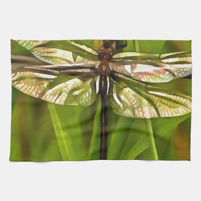 Artistic Dragonfly In Brown And Yellow On Green Kitchen Towel (Horizontal)