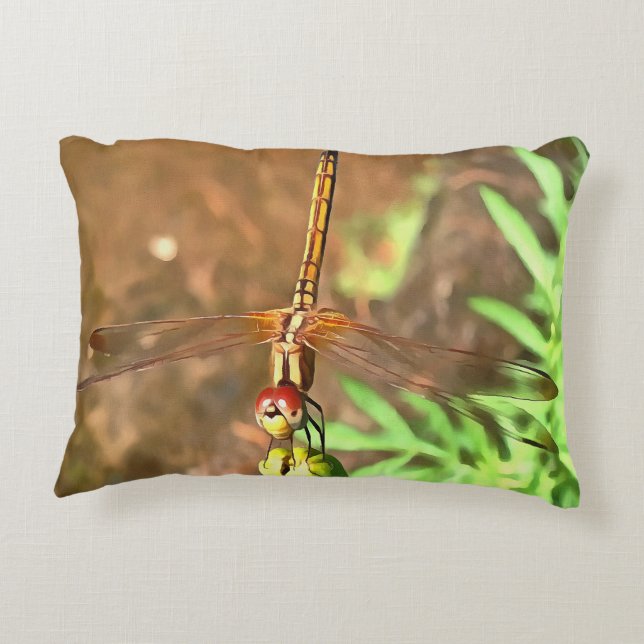 Artistic Dragonfly Resting On A Flower Head Decorative Pillow (Back)