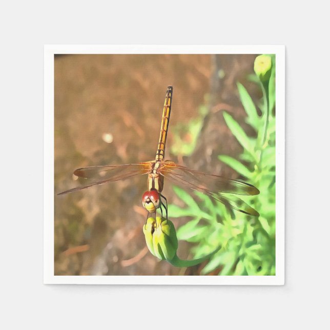 Artistic Dragonfly Resting On A Flower Head Napkin (Front)