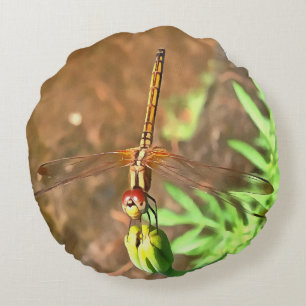 Artistic Dragonfly Resting On A Flower Head Round Pillow