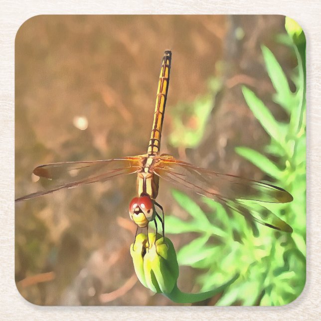 Artistic Dragonfly Resting On A Flower Head Square Paper Coaster (Front)