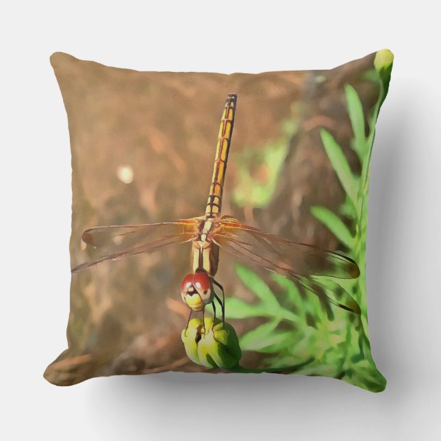 Artistic Dragonfly Resting On A Flower Head Throw Pillow (Front)