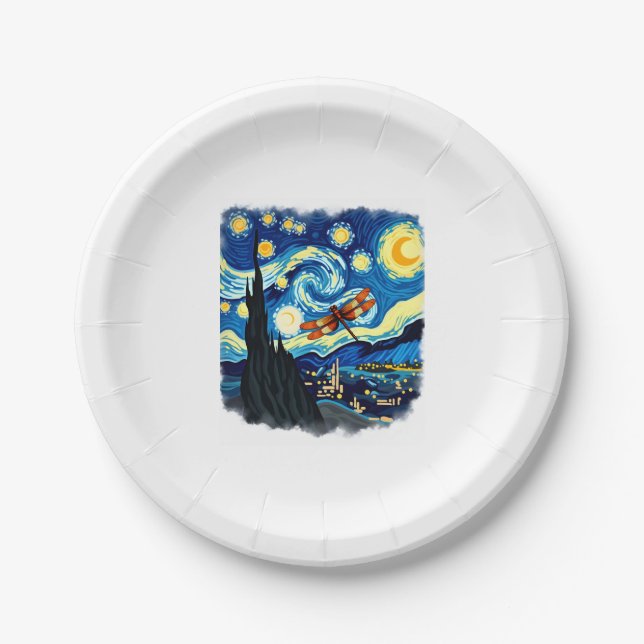 Artistic Dragonfly Shirt Van Gogh Starry Night Dra Paper Plate (Front)