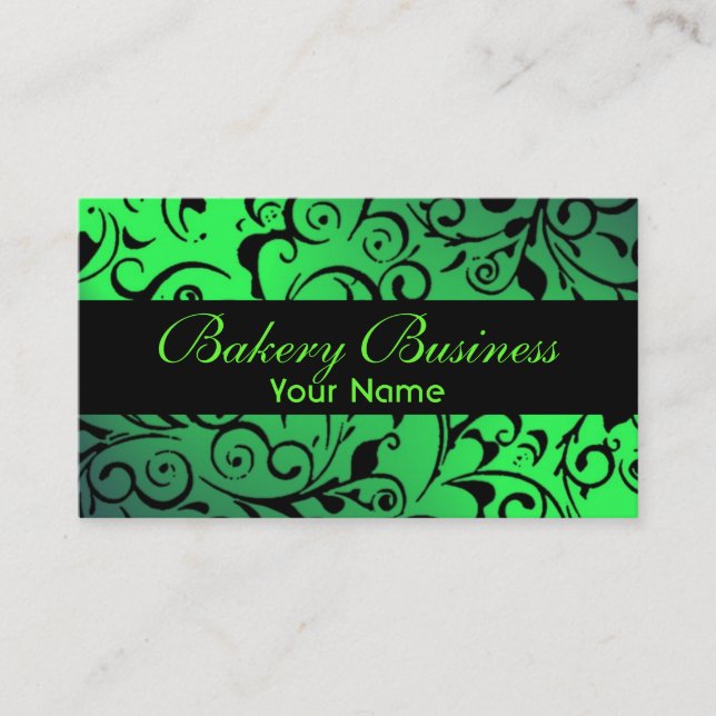 Artistic fade green damask bakery cards (Front)