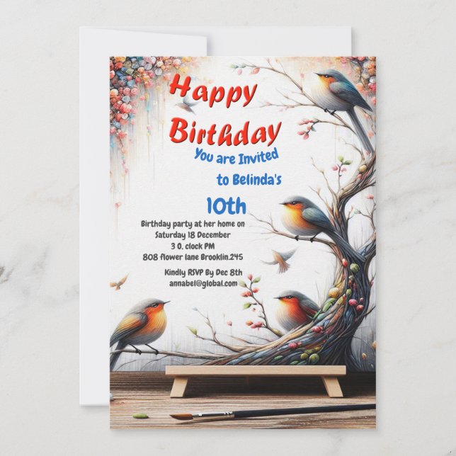 Artistic Fantasy, Bird Drawings in Colour Invitation (Front)