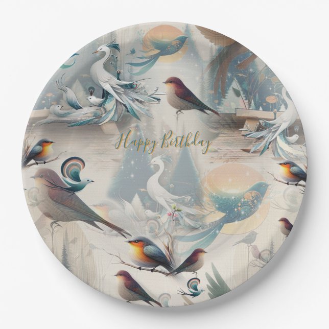 Artistic Fantasy, Bird Drawings in Colour Paper Plate (Front)