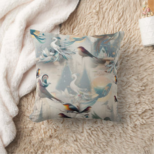 Artistic Fantasy, Bird Drawings in Colour Throw Pillow