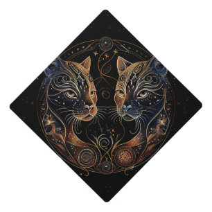 Artistic Feline Circle Twin Cats Graduation Cap Topper